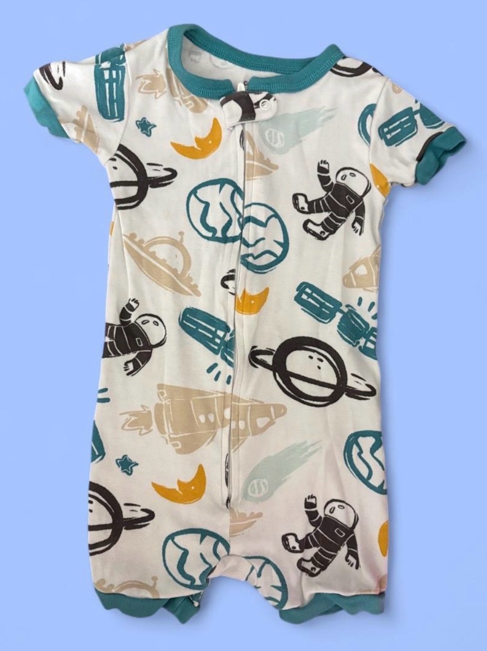 Space Print Short Sleeve Baby Pajamas Romper - Teal Trim
